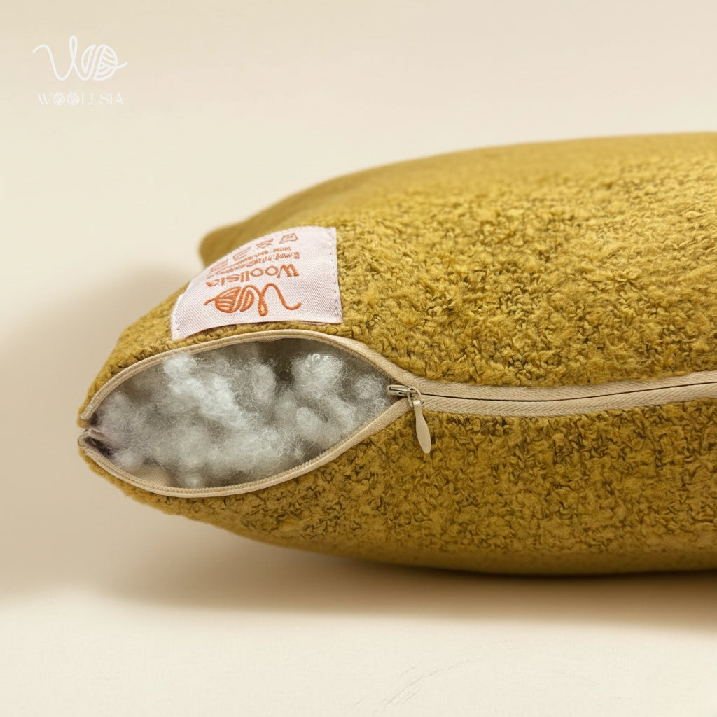 Filled-Premium Mustard Yellow Bouclé Square Decorative Pillow - 17x17