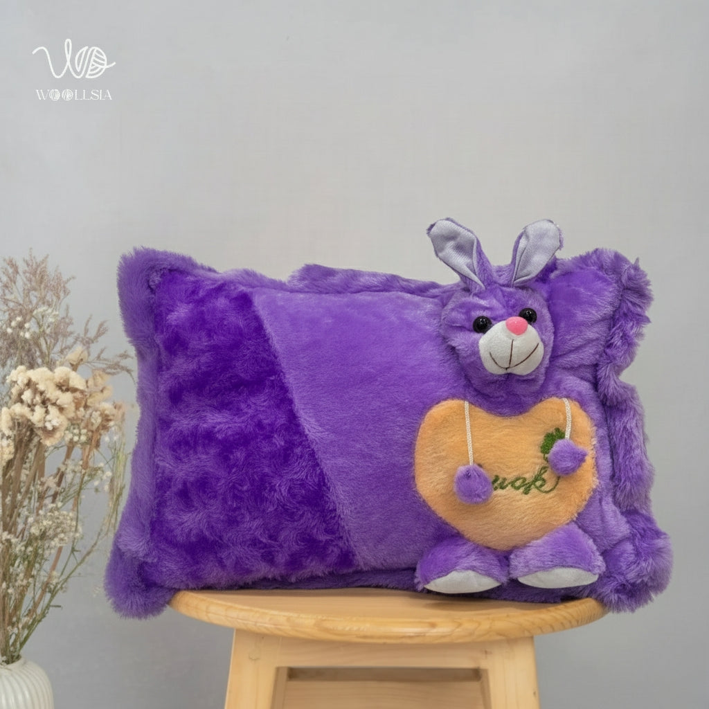 Premium Purple Bunny Plush Pillow – Soft Embroidered Cushion