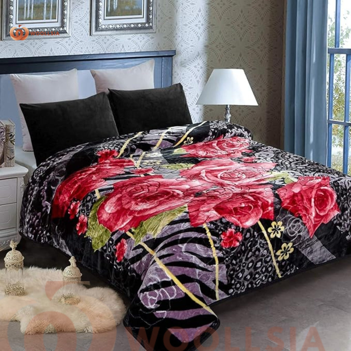 Luxury Korean Mink Fleece Blanket | 2-Ply Soft & Plush | Black Floral & Solid Black