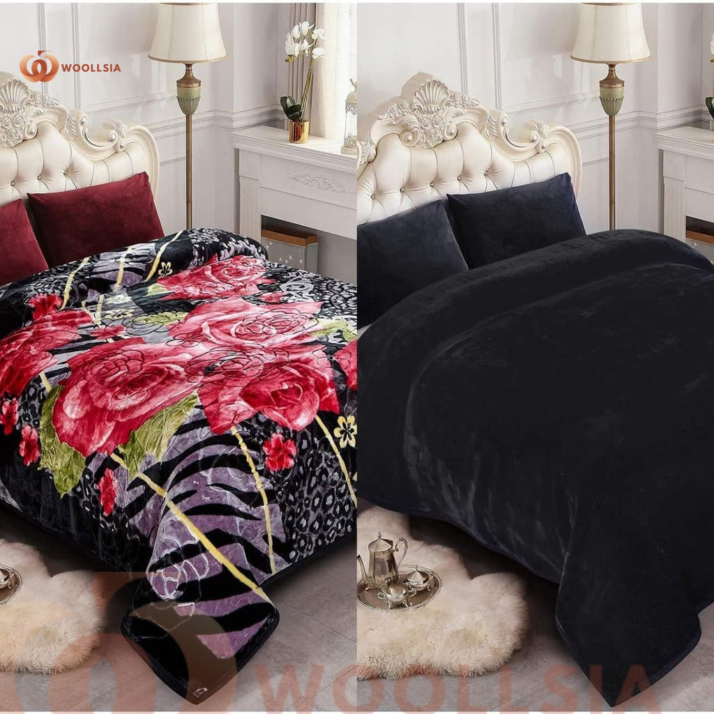 Luxury Korean Mink Fleece Blanket | 2-Ply Soft & Plush | Black Floral & Solid Black