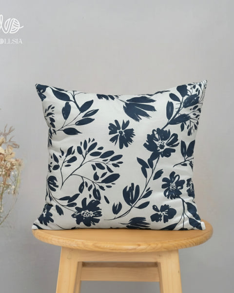 Modern Navy Blue Flower Printed Filled Cushion