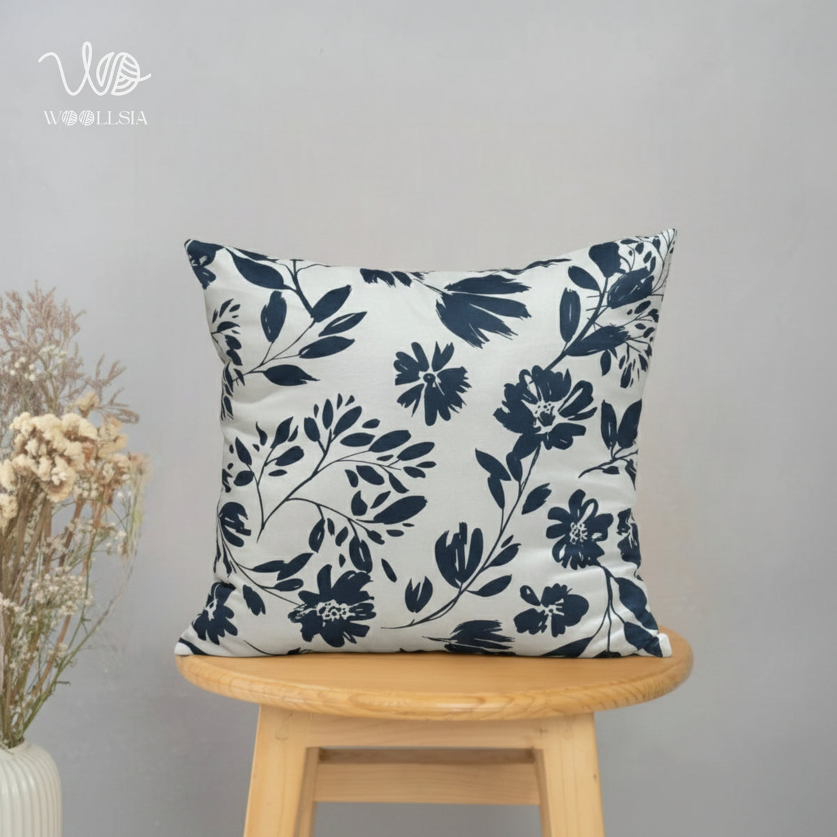 Modern Navy Blue Flower Printed Filled Cushion