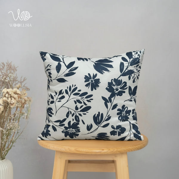 Modern Navy Blue Flower Printed Filled Cushion