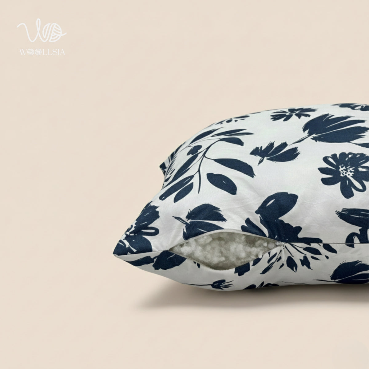 Modern Navy Blue Flower Printed Filled Cushion