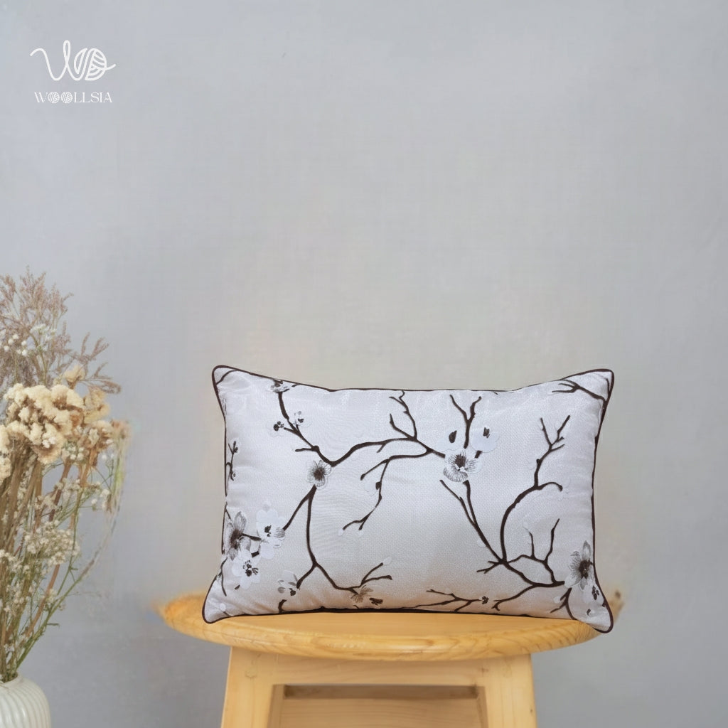 Filled-Luxury White Jacquard Cushion with Floral Branch Design