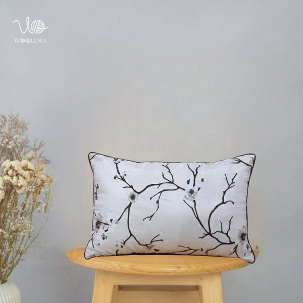 Filled-Luxury White Jacquard Cushion with Floral Branch Design