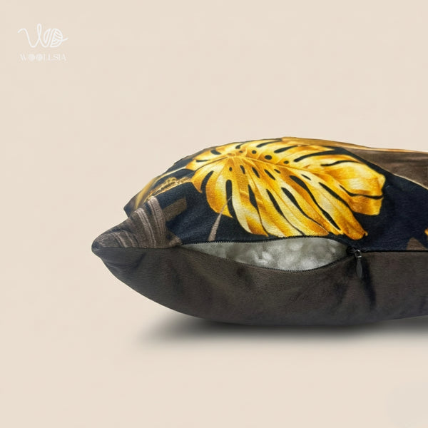 Filled-Golden Tropical Leaf Cushion – Elegant Botanical Mosaic Pillow