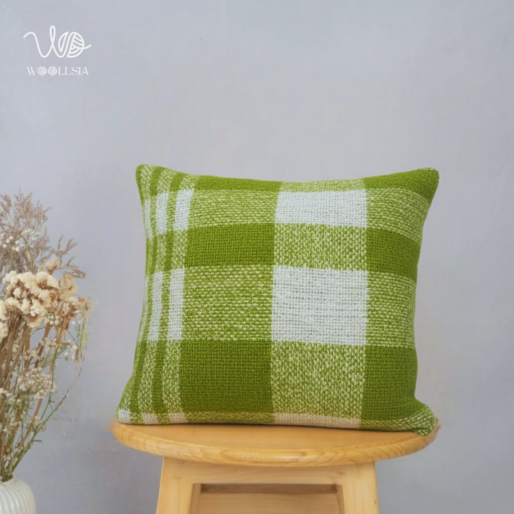 Filled-Sage Green Gingham Plaid Woven Cushion - 18 x18