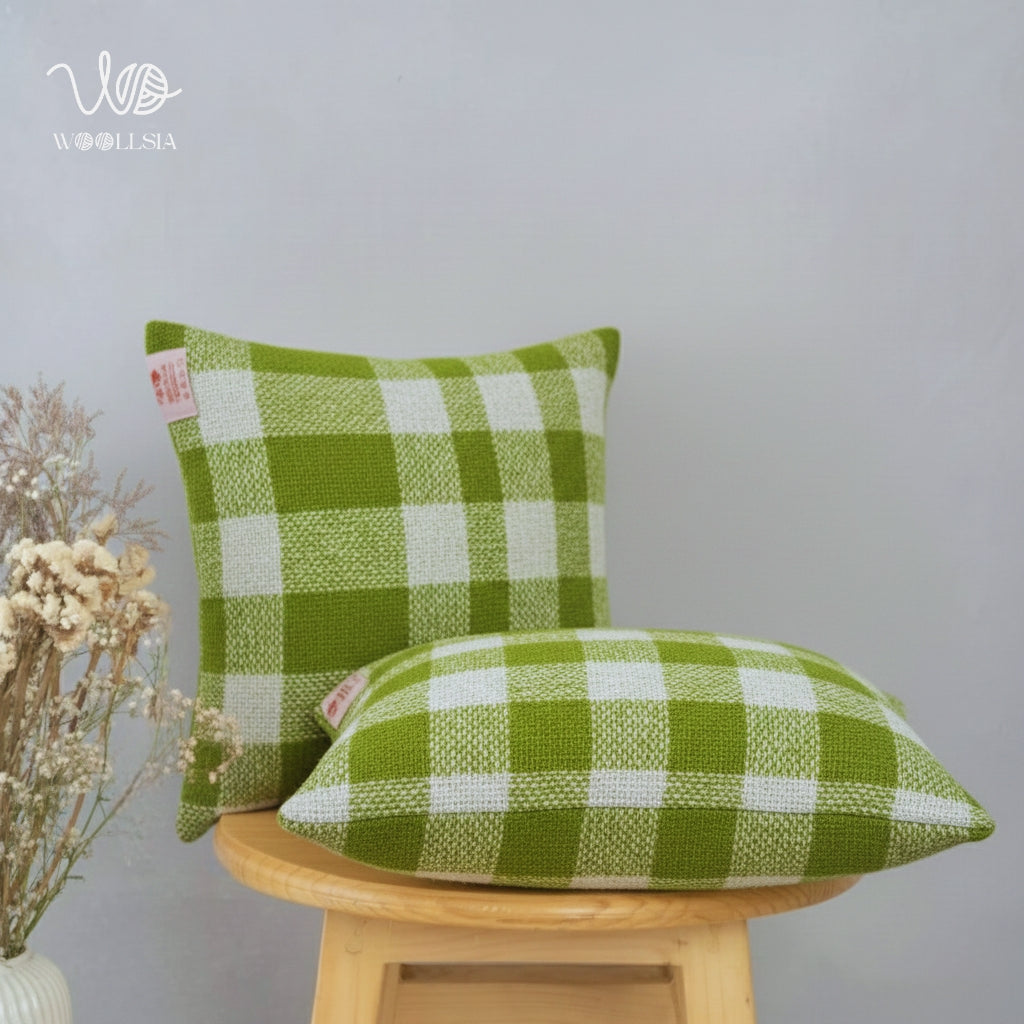 Filled-Sage Green Gingham Plaid Woven Cushion - 18 x18