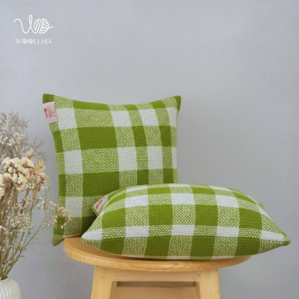 Filled-Sage Green Gingham Plaid Woven Cushion - 18 x18