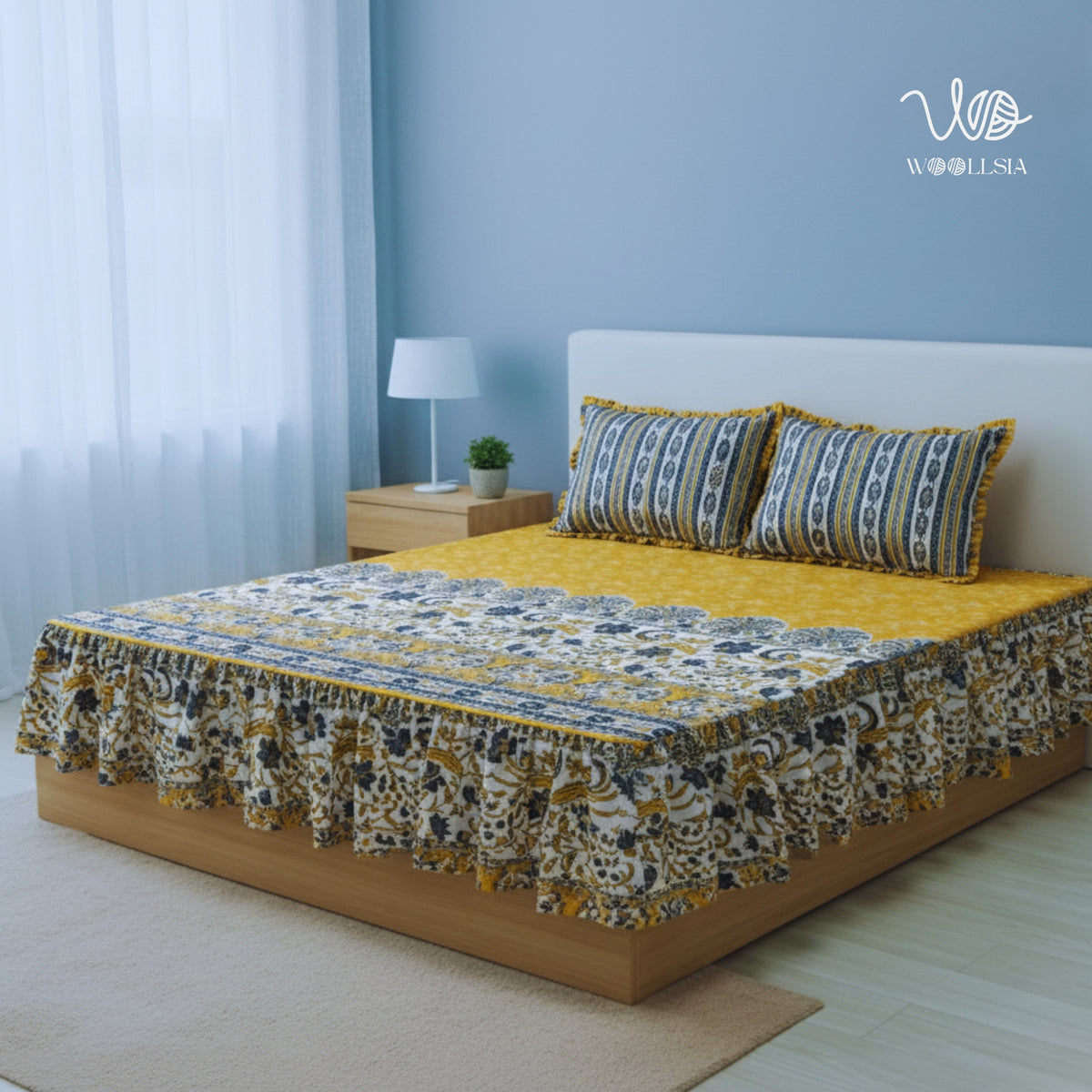 Cotton Frill 3pc Yellow Bedsheet