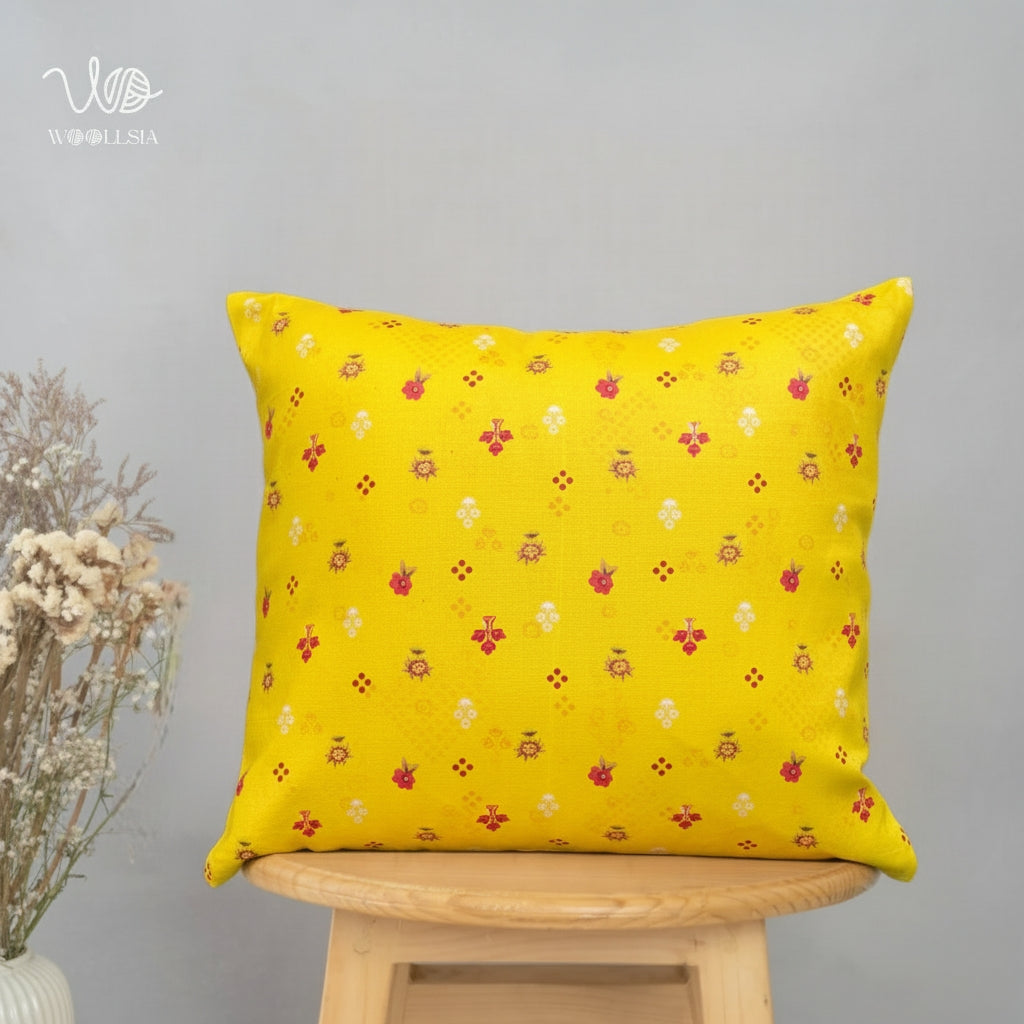 Filled-Cheerful Yellow Tiny Floral Decorative Cushion