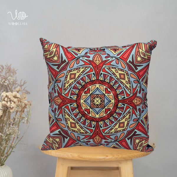 FIlled-Abstract Geometric Mandala Cushion – Vibrant Boho Decorative Pillow